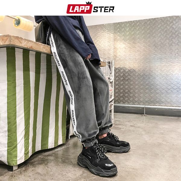 

мужчины velvet streetwear бегуны брюки 2019 harajuku hip hop side полосатый тренировочные брюки шаровары черный гарем, Black