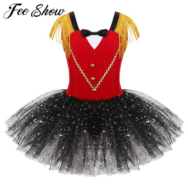 

kids girls halloween ringmaster circus costume tassel sequins mesh tutu ballet dress gymnastics leotard performance dance wear t200624, Red;yellow