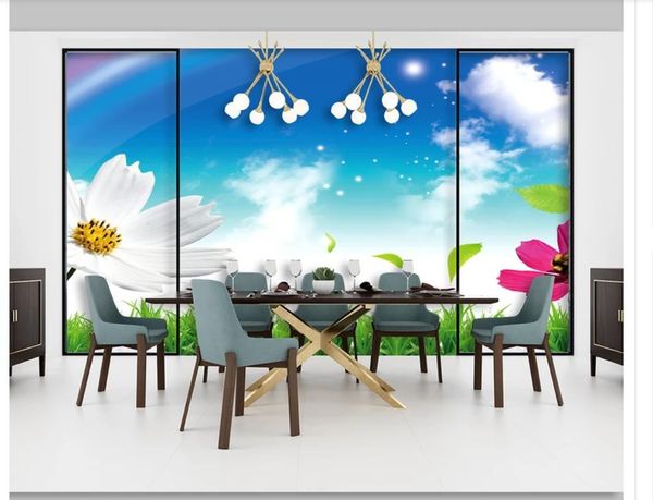 Personalizado 3D foto mural papel de parede adesivo de parede Modern minimalista céu azul e nuvens brancas pequena flor sofá do hotel decoração da parede de fundo