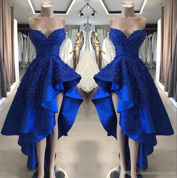 Royal Blue Satin A Line Длинные платья для выпускного вечера Без бретелек из бисера Кристаллы Стразы Высокий низкий Вечернее платье Вечерние платья Коктейль на заказ