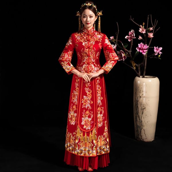 

plus size 3xl cheongsam chinese traditional dress tassel embroidery oriental dresses wedding gowns robe orientale vestido chino, Red