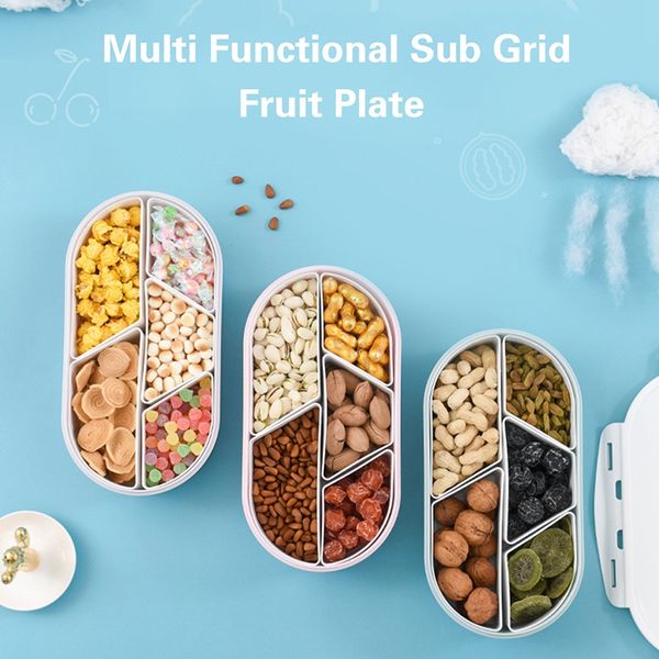 

fruits nuts plate with lid seal detachable multi sectional sub grid plastic tray candy snack dish bowl dessert serving platter