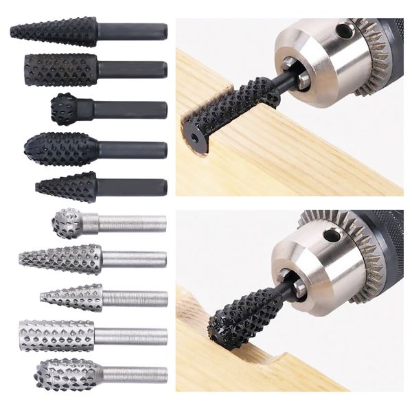 

5pcs steel rotary rasp file 1/4" shank rotary craft files rasp burrs wood bits grinding power woodworking hand tool