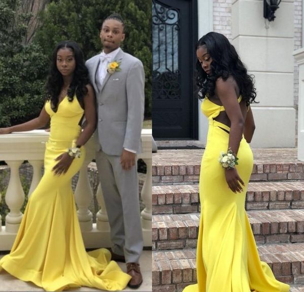 

2019 deep v neck prom dre gown mermaid yellow formal dre e for black girl open back graduation gown long