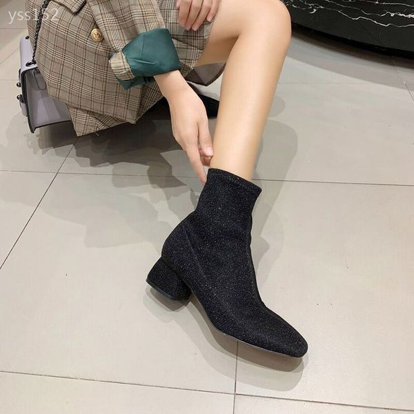 

elastic short boots women 2020 new fashionable autumn and winter sequin socks boots handsome medium with net red thin, Black