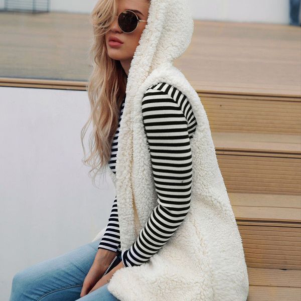 

women fur vest autumn winter faux lamb wool waistcoat sleeveless hooded hoodies faux fur vest hood outwear coat xxxl 6q2143, Black