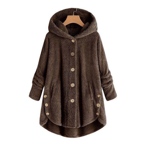 

women's warm hooded jackets new winter fluffy fleece fur jumper coat female soild color buttons overcoat fashionable outwear hot, Black