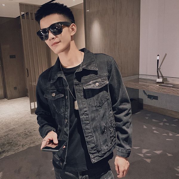 

autumn new denim jacket men slim fashion wash letter printing casual denim jacket man streetwear hip hop bomber m-3xl, Black;brown