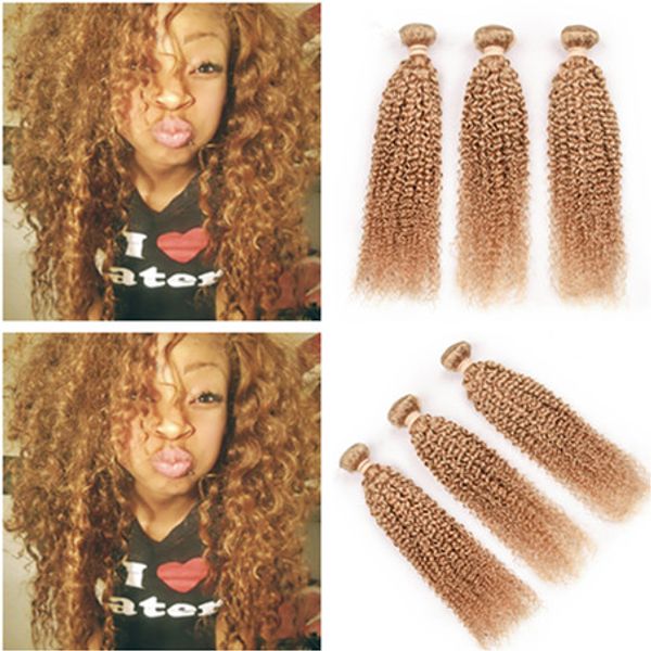 

#27 honey blonde virgin indian human hair weaves extensions 3pcs kinky curly light brown virgin human hair bundles tangle 100g/bundle, Black