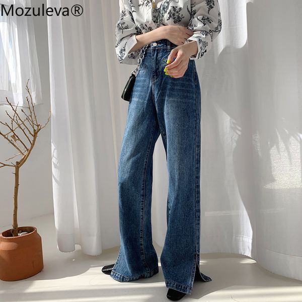 

mozuleva cotton jeans for women denim jeans women 2019 loose wide leg pants trousers side split female high waisted, Blue