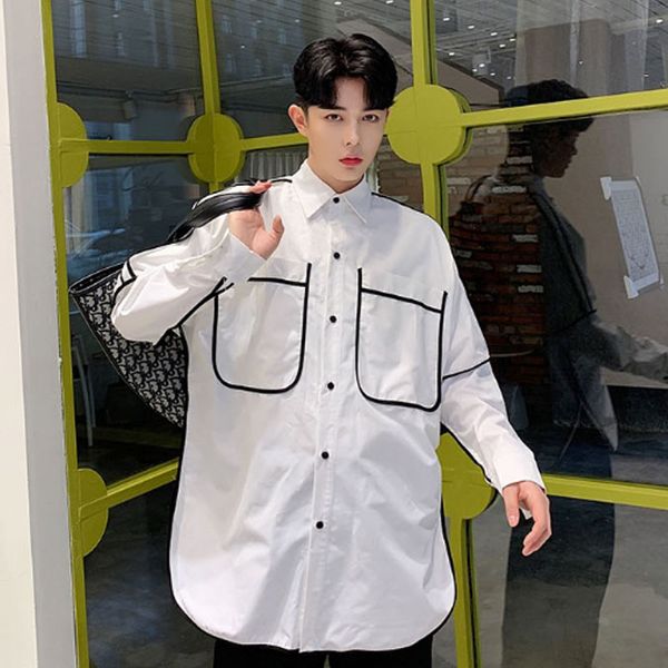 

men vintage fashion stripe splice loose long sleeve casual shirt male women streetwear hip hop party dress shirts, White;black