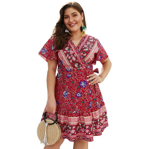 

plus size wrap mini dresses belted empire waist tropical boho dresses for women print floral beach dress, Black;gray