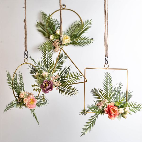 

cilected wrought iron floral hoop wreaths gold geometric wedding ornaments wall hanging decor artificial peony flower wreath