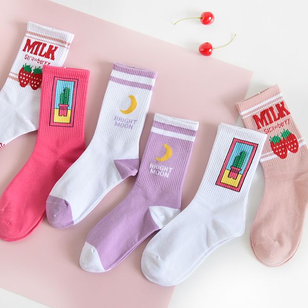 

cute cartoon creative fruit print avocado cherry peach girls kawaii socks meias korean harajuku embroidery pile heap funny socks, Black;white