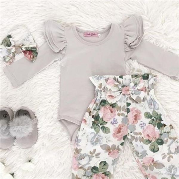 

3pcs newborn baby girl clothes long sleeve romper +floral long pants +headband outfits clothes set 0-24m, White