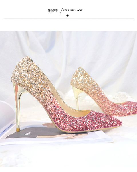 

bingling ombre sequined wedding shoes for bride stiletto heel prom banquet high heels plus size pointed toe 3 colors bridal shoes