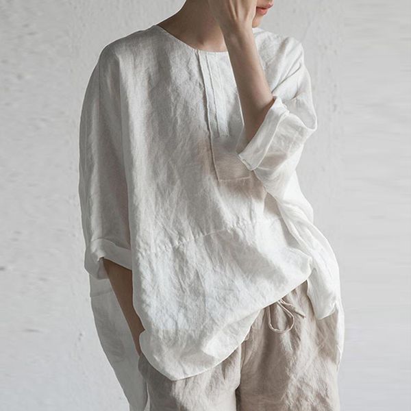 

2019 summer women solid blouses casual 3/4 sleeve lapel linen blouse female shirts blouse plus size 5xl white boho shirt