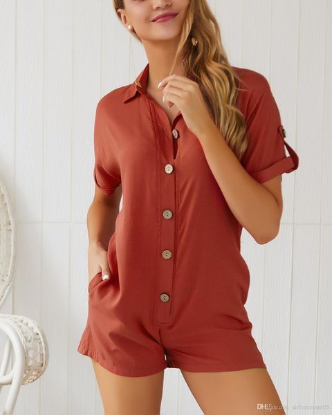 

fashion button ladies jumpsuit new designer solid stand collar casual rompers female holidays beach shorts, Black;white