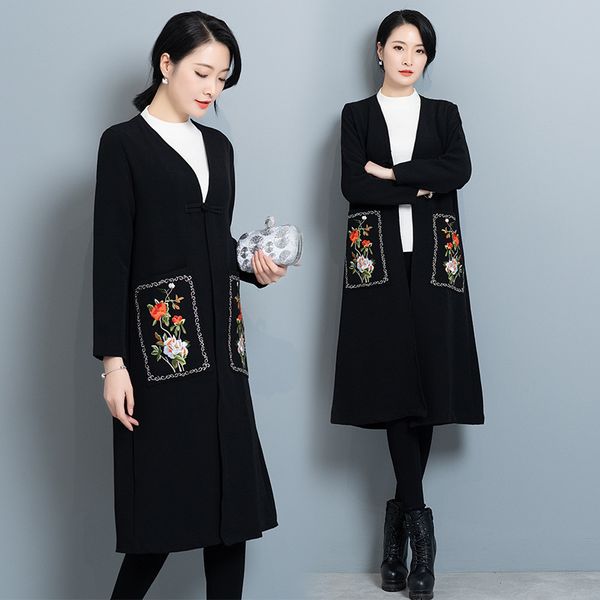 

2019 p shoot autumn and winter new style ethnic-style women's dress embroidery vintage chinese-style large size mid-length c, Black;white