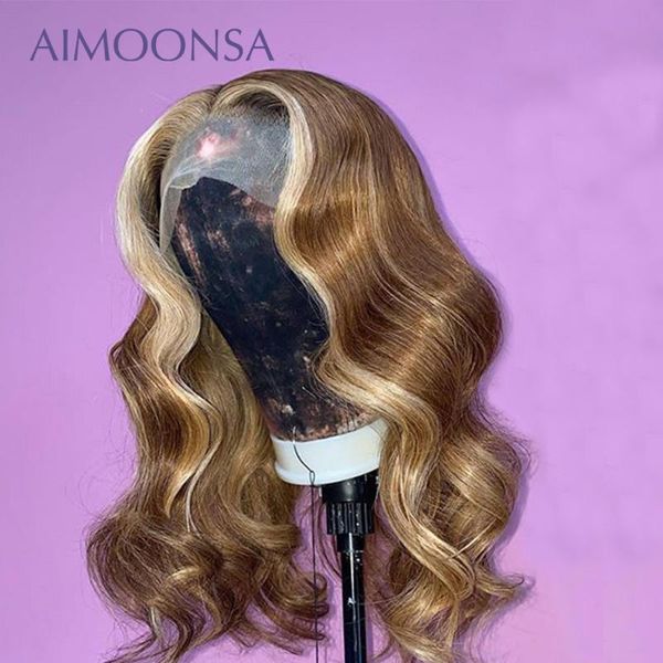 

lace wigs highlight body wave ombre front wig 4/27 color human 13*6 frontal preplucked and bleached knots remy, Black;brown