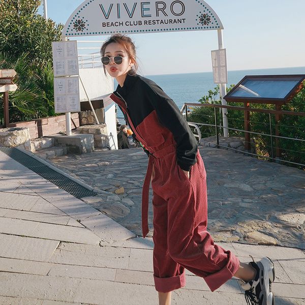 

2020 spring and autumn new youth popular solid color corduroy jumpsuit fashion wild loose casual pants yellow / red s-l, Black;white