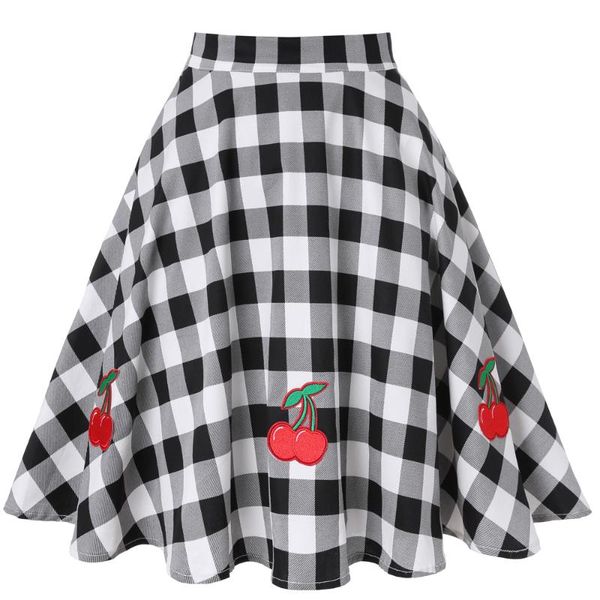 

2020 checkered plaid skirt women black and white high waist cherry appliques cotton summer vintage swing women skirt vd0020