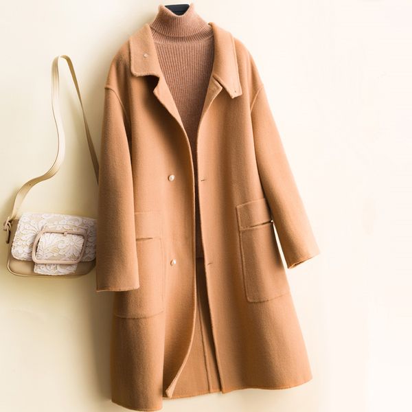 

2019 autumn winter elegant lady pure 100% wool coat women slim long outerwear female handmade cashmere double-sided wool jacket, Black