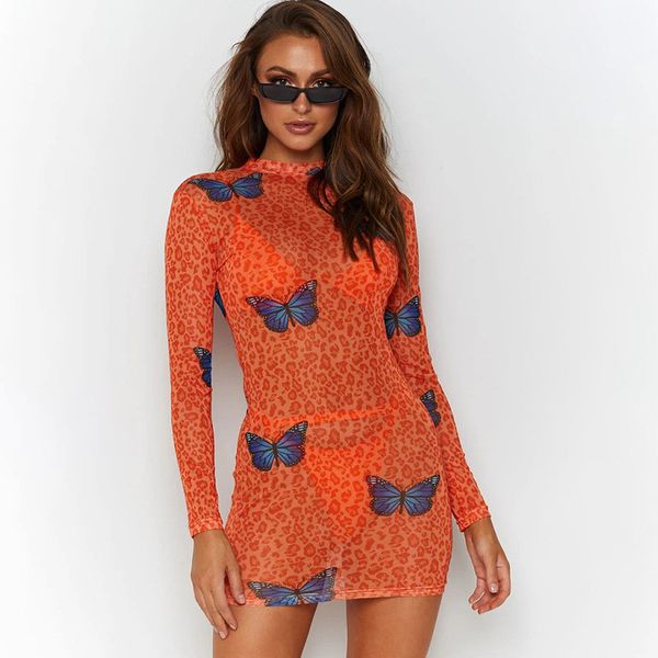 

women designer mesh dresses fashion butterfly print long sleeve dresses casual natural color bodycon dresses women clothing, Black;gray