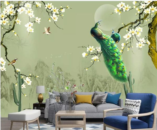 Nuovi stile cinese magnolia finestra murale carta da parati paesaggio verde, fiori e uccelli parete di fondo pittura decorazione