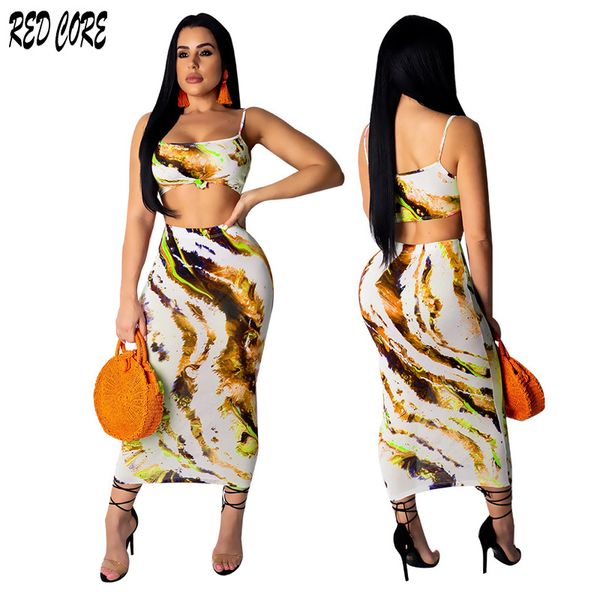 

redcore summer 2019 print two piece set women spaghetti strap sleeveless and long package hips skirts womens s-xxl tz182, White