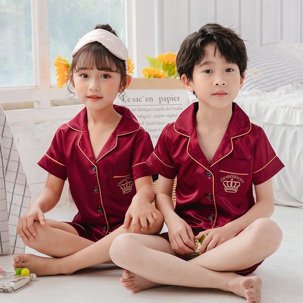 

summer boys short silk pajamas sets 2020 cute home sleepwear girls short kids pijamas girl + pant girl pajamas set, Blue;red