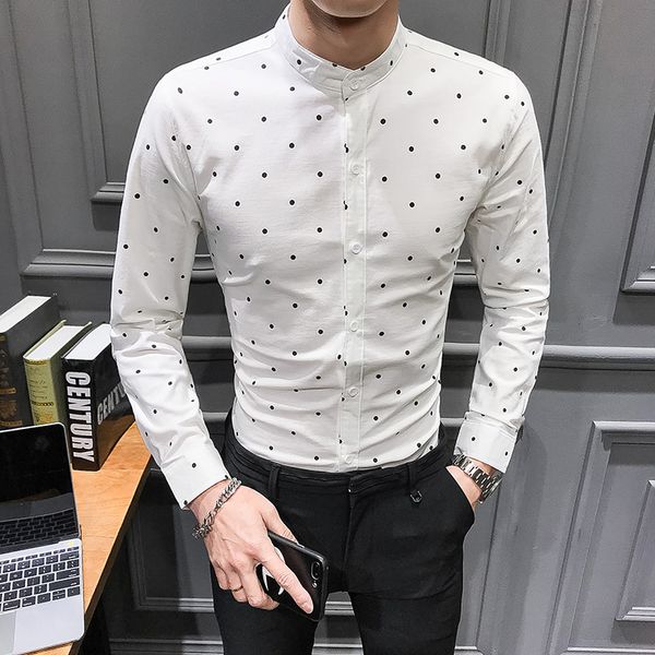 

gzdeerax stand collar mens shirts luxury polka dot long sleeve mens dress shirts fashion slim fit casual male, White;black