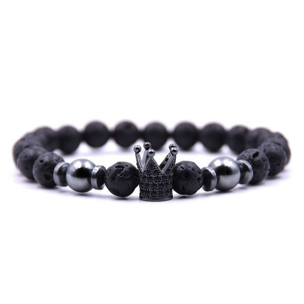 

honeyyiyi fashion micro pave cz crown charms bracelet natural stone hematite beads bracelets & bangles men jewelry pulseras, Black