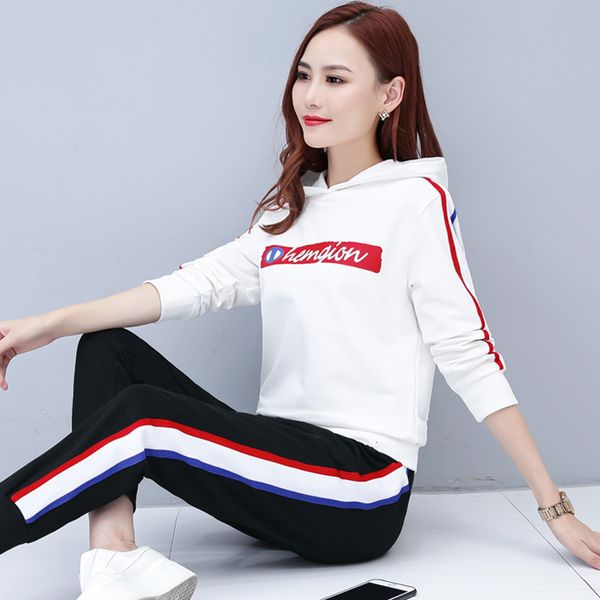 

figure rong long sleeve casual two piece set women's dress spring and autumn korean-style stripes fashion printed hoodie sports