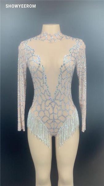 

shining silver rhinestones fringes bodysuit women's birthday prom celebrate transparent leotard vening dance big stretch costume, Black;red