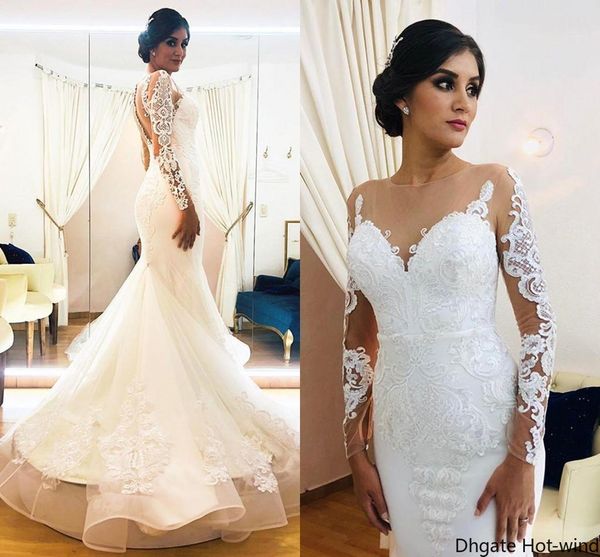 

иллюзия с длинным рукавом русалка свадебные платья 2020 sheer jewel шея кружева аппликация труба поезд стреловидности асо ebi невесты свадеб, White
