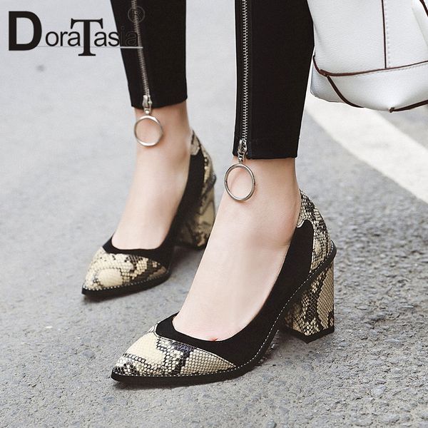 

doratasia new fashion female pumps spring casual pumps women snake print mixed color sewing pointed toe high heels shoes woman, Black