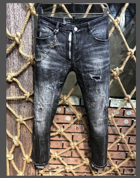 

бренд мужской новый мотоцикл мужские джинсы мода ретро тонкий прямые джинсы для мужчин повседневные брюки #0253 d2 хип-хоп отверстия джинсов, Blue