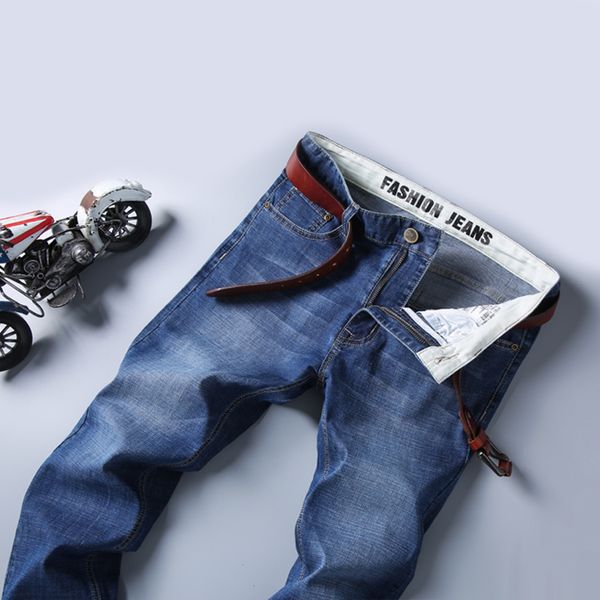 

men fashion business style slim straight jeans pants cotton casual classic solid color denim trousers plus size 38 40 (no belt, Blue