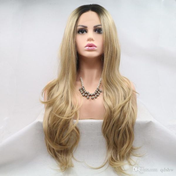 Lace Front Wigs Blonde Hair Natural Looking Half Hand Tied Long Wavy Heat Resistant Fiber Synthetic Dark Root Blonde Lace Wig Hair Wigs Synthetic Lace