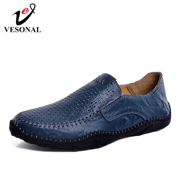 

vesonal summer slip-on comfortable hole genuine leather soft men shoes loafers male moccasins flats casual boat driver driving, Black