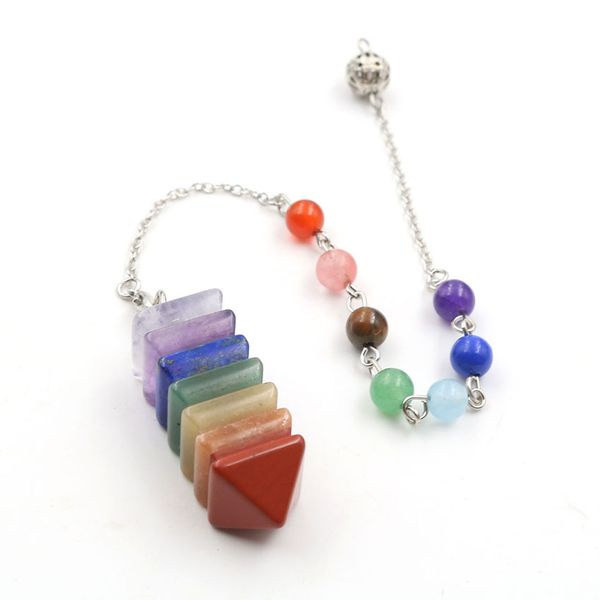 

wholesale 5 pcs silver plated layer pyramid colorful stone pendulum for dowsing pendant with beads chain healing chakra jewelry