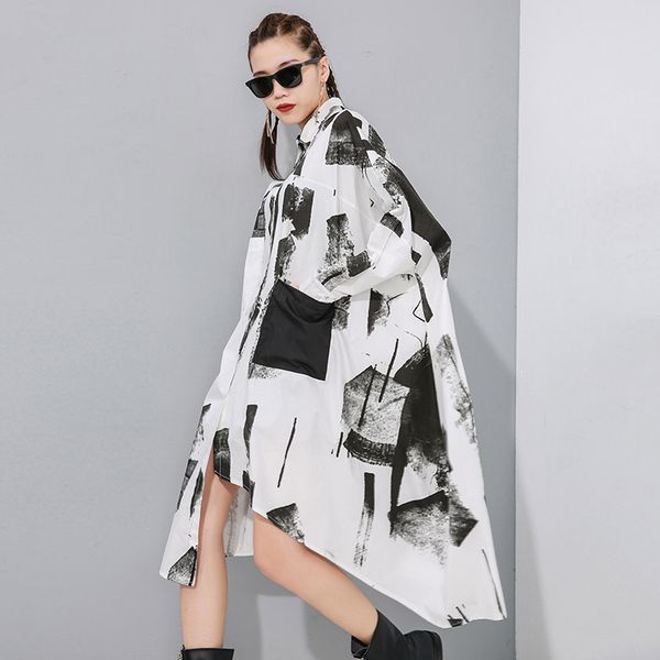 

xuxi spring autumn 2020 women black asymmetrical big size long blouse new lapel long sleeve loose fit shirt fashion tide fz0465, White