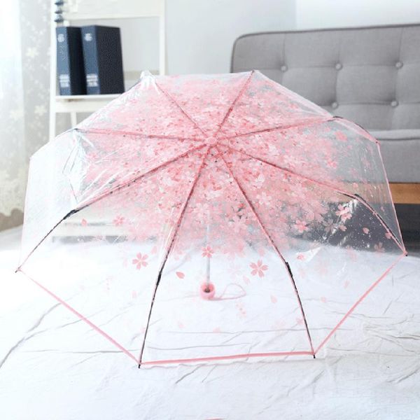 

innovative cute cherry blossom pattern folding umbrella transparent three fold umbrella