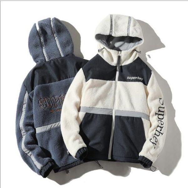 

new selling men's autumn and winter hooded men's jacket color splicing lambhair coat manufacturer direct sales lamb wool jack, Black;brown