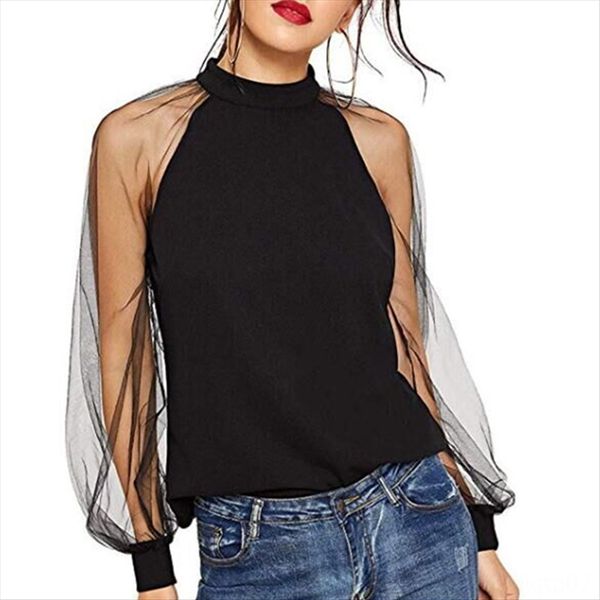 

women's 2020 all-match round collar perspective mesh long sleeve t-shirt women's 2020 all-match round collar perspective mesh long, White