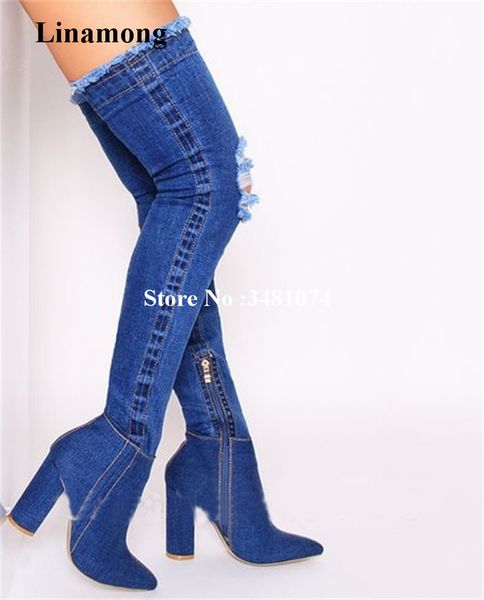 

the dark blue and the light blue denim over knee boots long boots pointed toe and peep toe high heels women long, Black