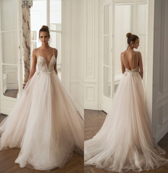 

2019 lace berta wedding dresses spaghetti a line beaded blush bohemian wedding dress custom made plus size backless beach bridal gowns, White