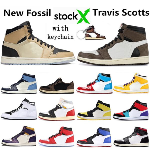 

fashion fossil 1 high travis scotts low fearless obsidian mens basketball shoes spiderman unc 1s 3 banned bred toe sports sneakers, White;red
