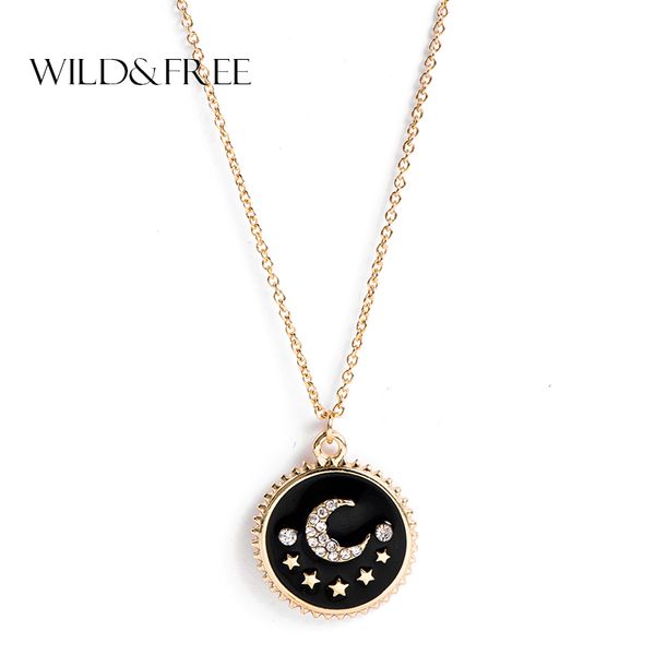 

wild&women crystal round pendant necklace jewelry gold color chain necklace with moon & star fashion choker pendiants, Silver